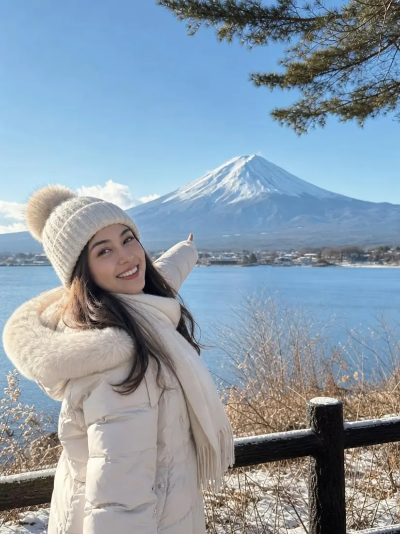 A woman in a beanie stands by Mount Fuji under plain daylight, before the Sunset Glow Filter adds golden light.