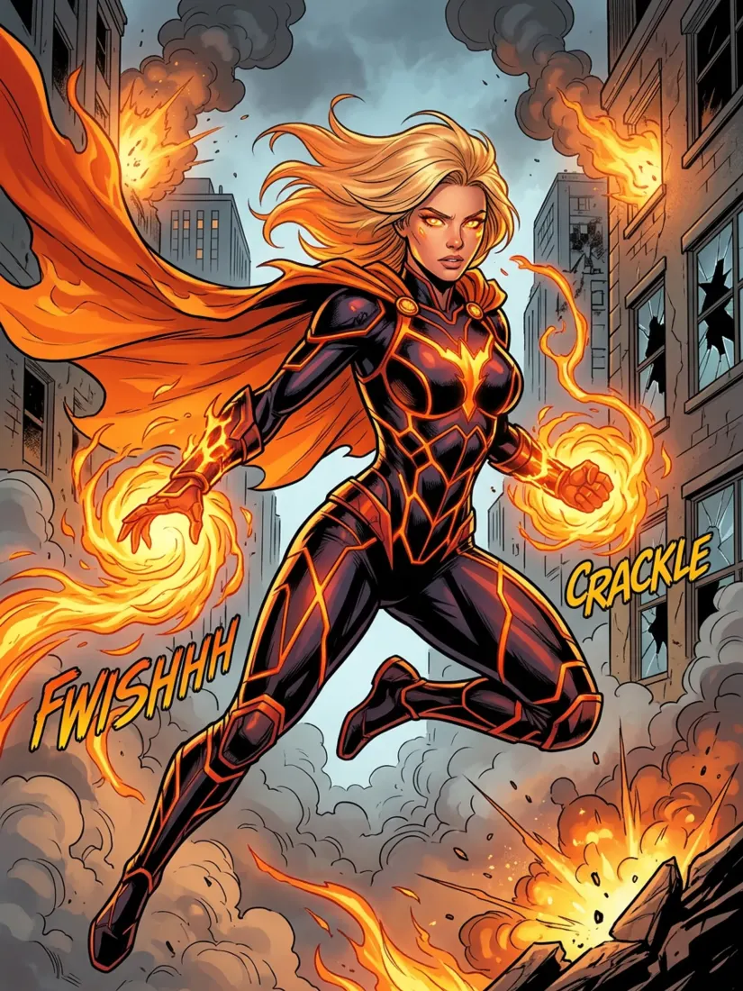 A comic-style illustration shows a woman superhero engulfed in flame powers, created by the Superhero Generator tool.