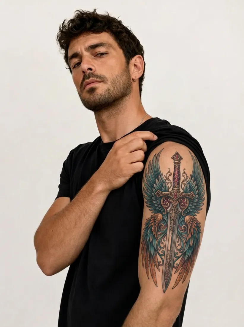 A man's arm now shows a sword and wings tattoo design, previewed by the Virtual Tattoo Try-On tool.