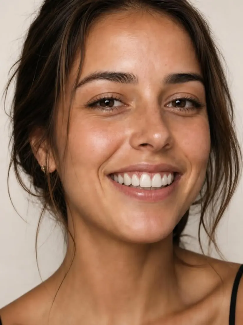 A woman's smile shows brighter, straighter teeth after the AI Teeth Editor tool.
