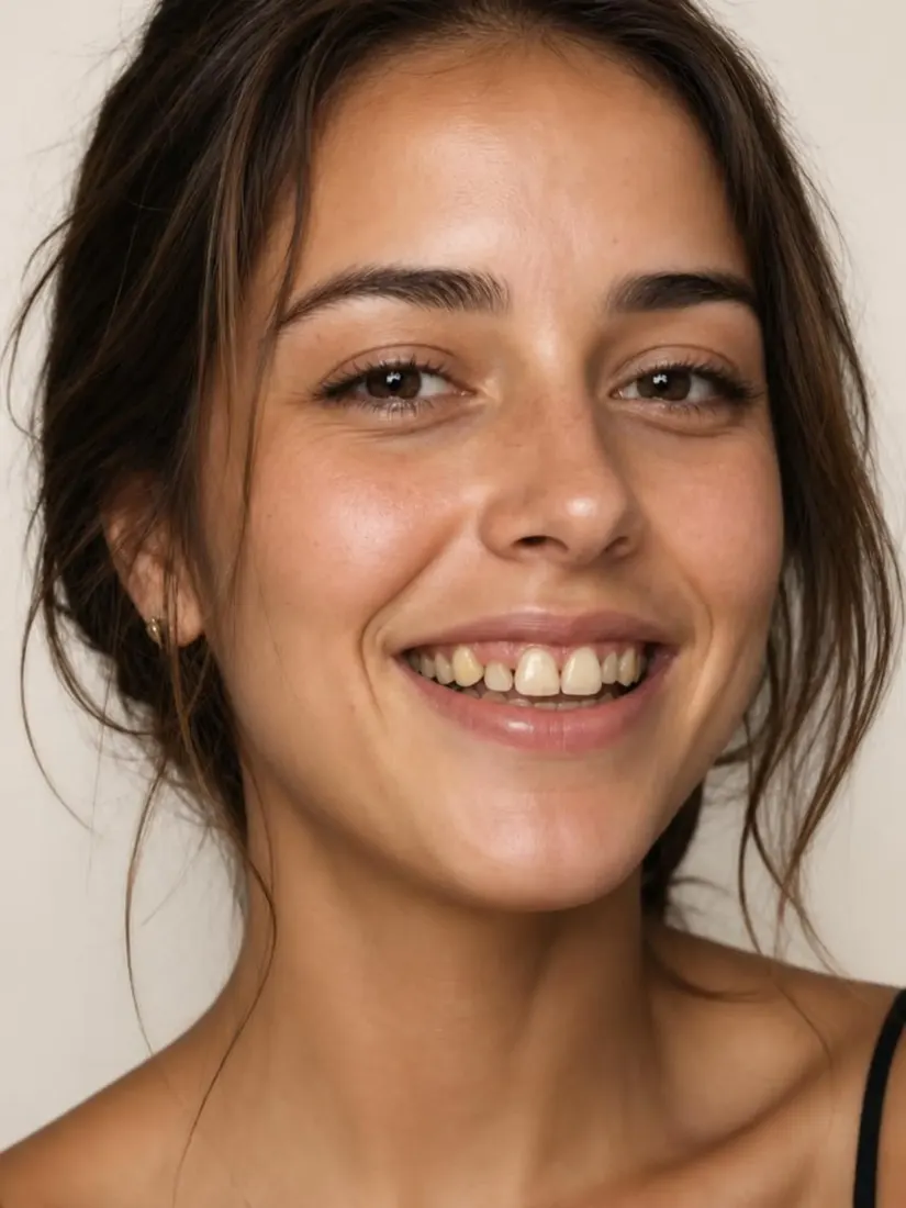 A woman's smile appears before the AI Teeth Editor whitens and straightens her teeth.