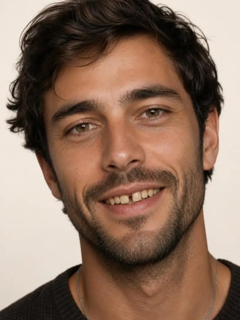 A man's smile appears before the AI Teeth Editor whitens and straightens his teeth.