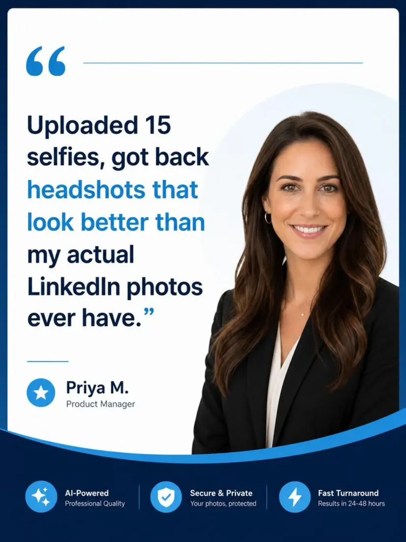 A woman's headshot anchors a five-star testimonial quote from 'Priya M.,' built with the Testimonial Card Generator tool.