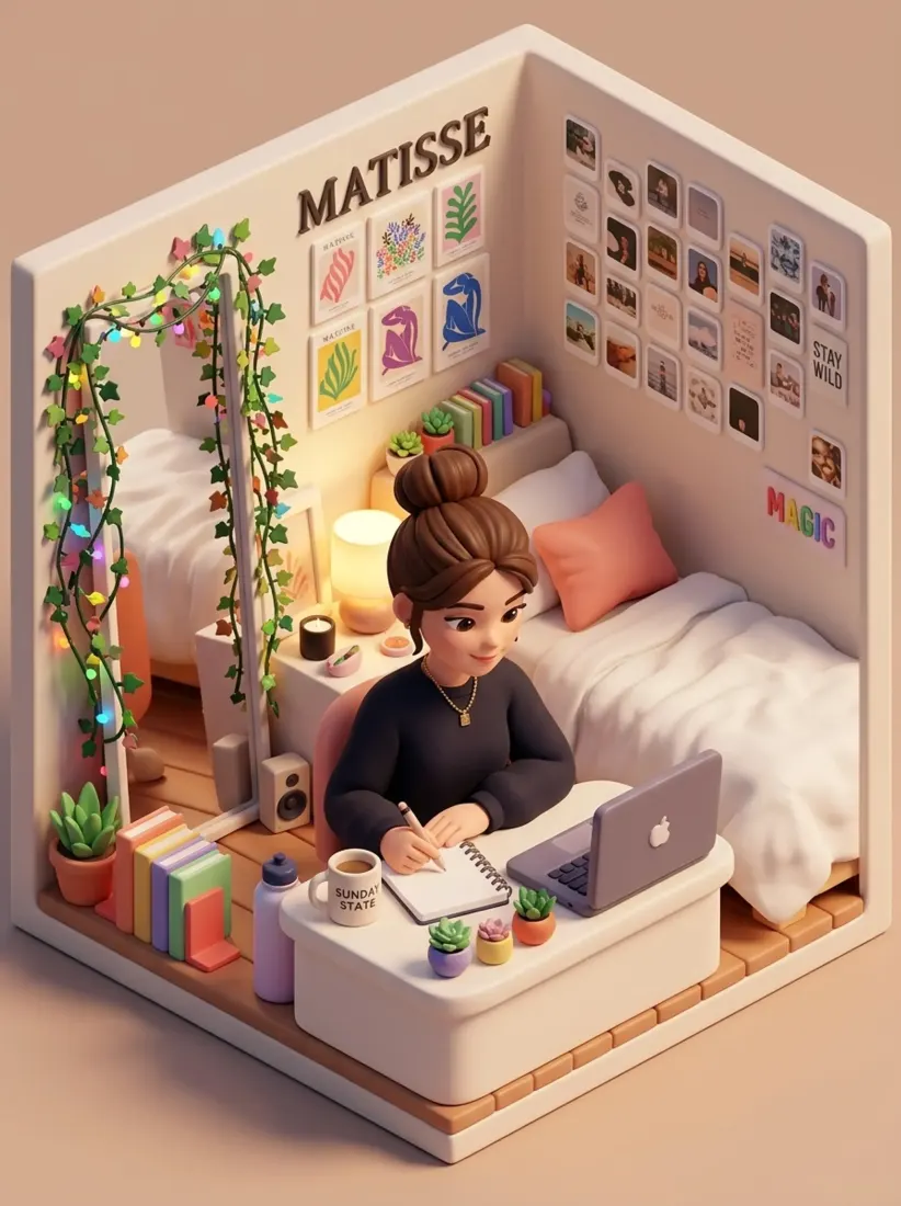 A woman working at a desk becomes a miniature isometric 3D diorama room, built by the 3D Diorama Generator tool.