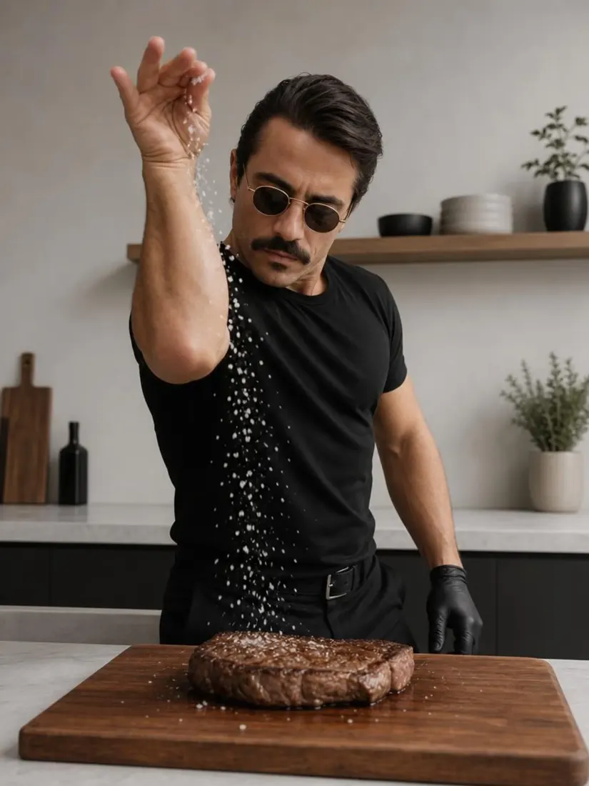 A man in sunglasses seasons a steak on a cutting board, before the Trading Card Generator turns him into a game card.