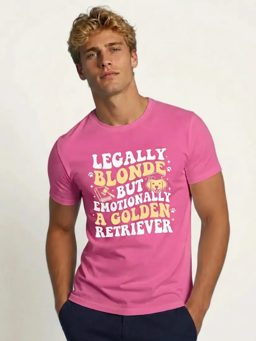 A pink t-shirt reading 'Legally But Emotionally A Golden Retriever' is previewed by the Virtual T-Shirt Try-On tool.