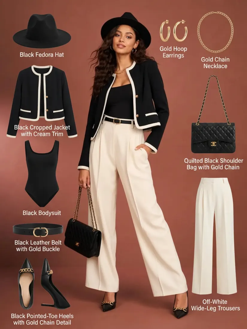 A woman's outfit is broken into a labeled flat-lay graphic of hat, jacket, bag, and shoes by the AI Wardrobe Label tool.