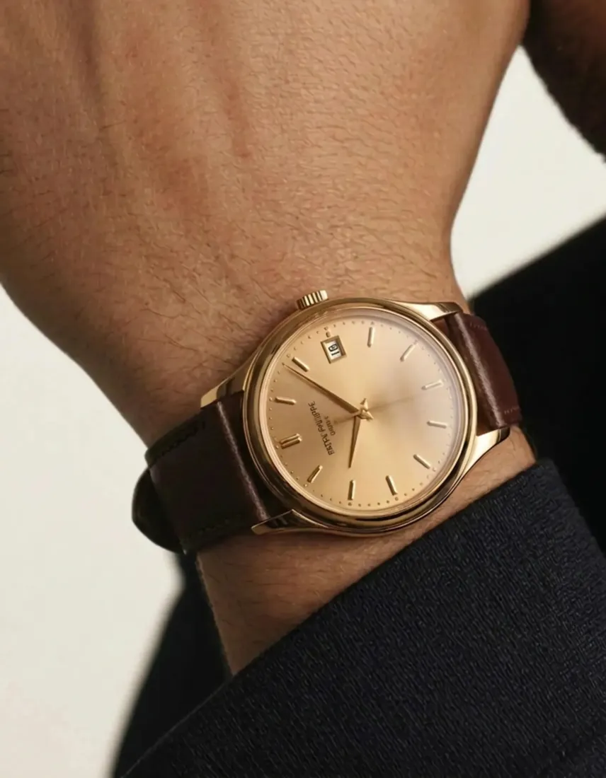 A close-up of a wrist in a dark sleeve shows a gold watch with a champagne dial and brown leather strap generated by the Watch Generator tool.