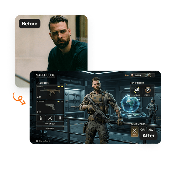 A sample result from the AI FPS Photo Generator, previewing a created look.