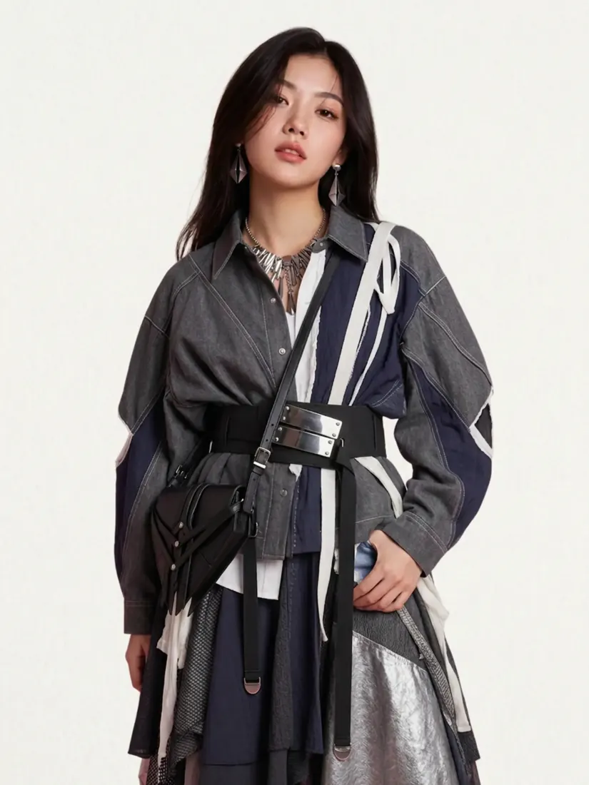 Grey patchwork jacket, belt and layered skirt