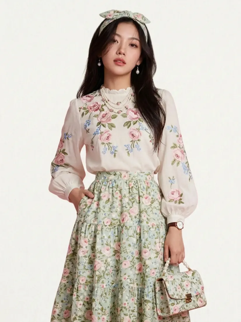 Floral blouse and tiered floral skirt