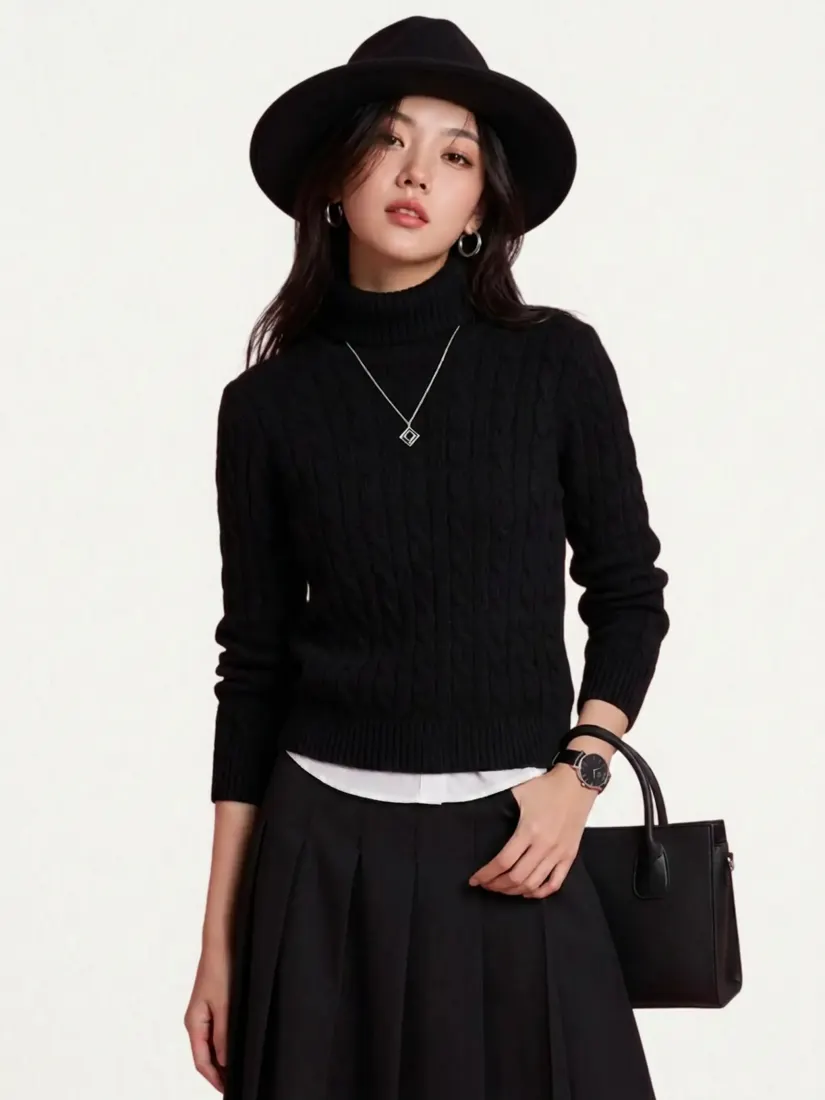 Black cable-knit sweater, pleated skirt, wide-brim hat and handbag