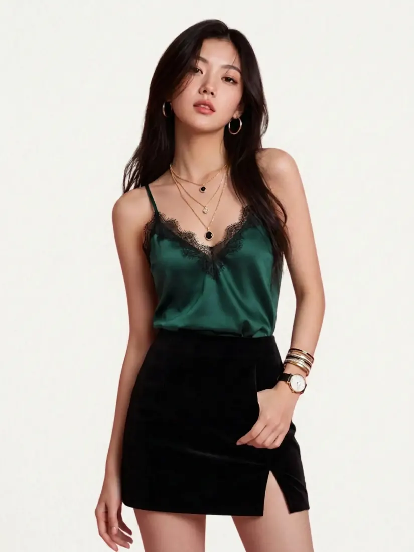 Green satin cami and black mini skirt