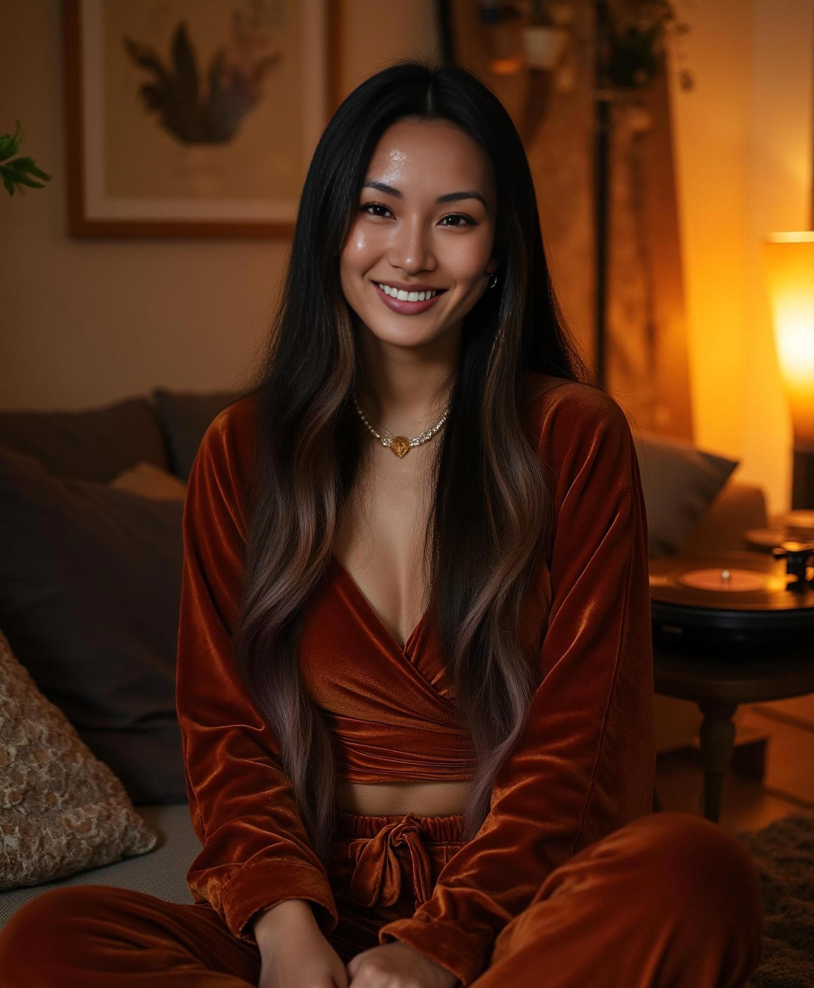 A smiling woman in an orange velvet lounge set sits by a record player for a cozy home header gallery.