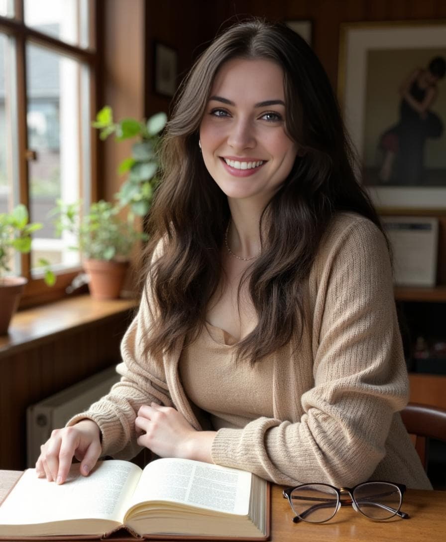 A smiling woman in a beige cardigan sits with an open book by a window for a cozy home header gallery.