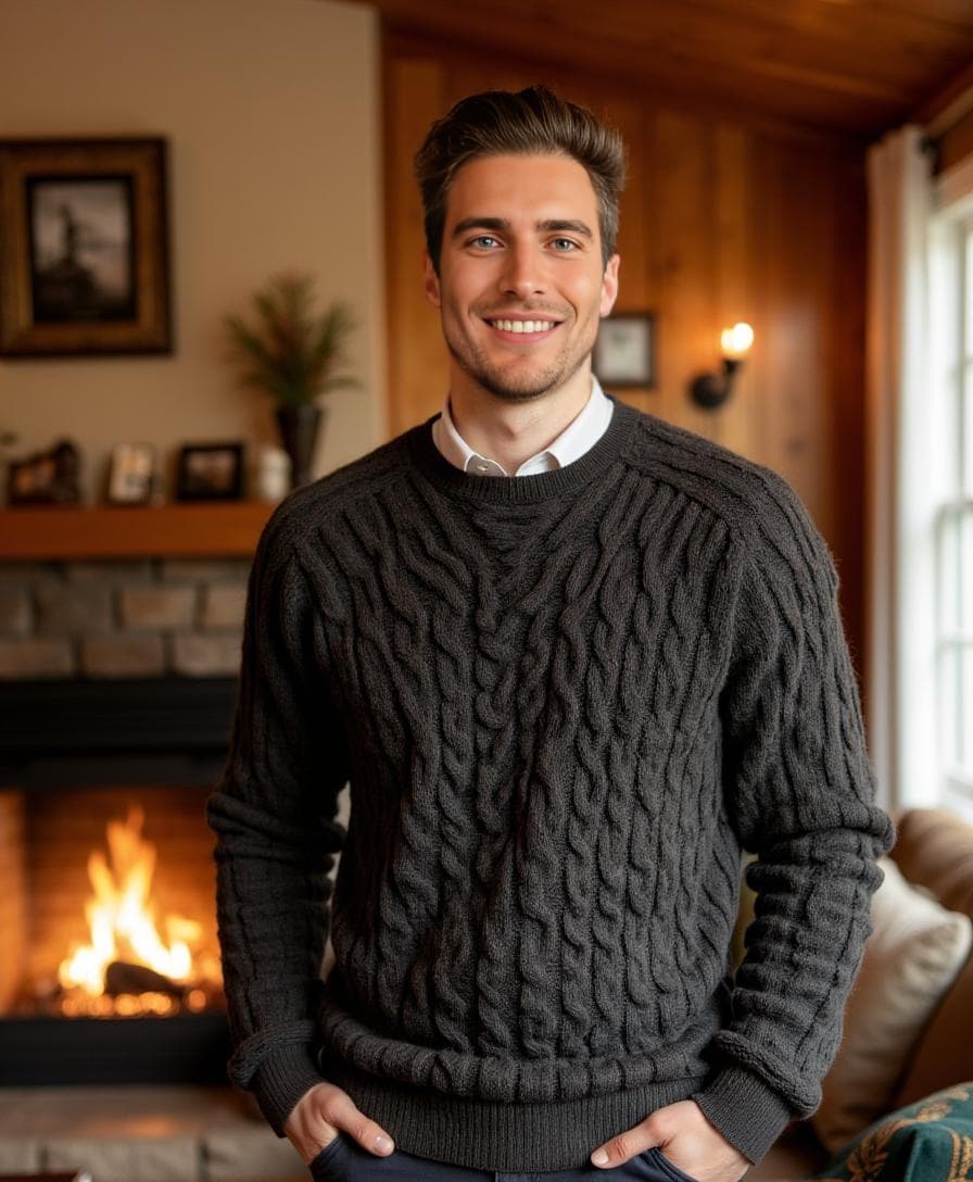 A smiling man in a charcoal cable-knit sweater stands by a lit fireplace for a cozy home header gallery.