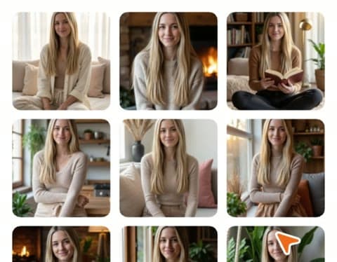 A grid shows a woman reading by the fire in a sweater for Aragon's Cozy Home Photos style package.