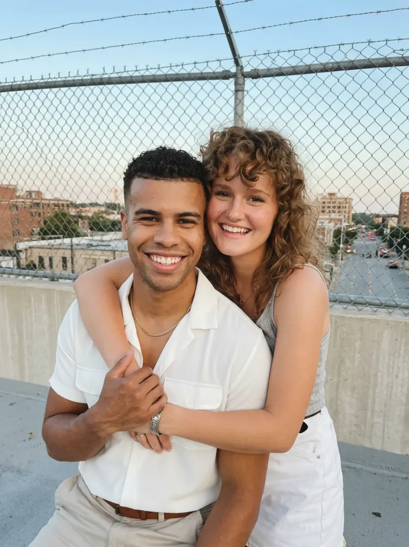 A couple hug on a rooftop by a chain-link fence, before the Future Baby Generator creates a child portrait.