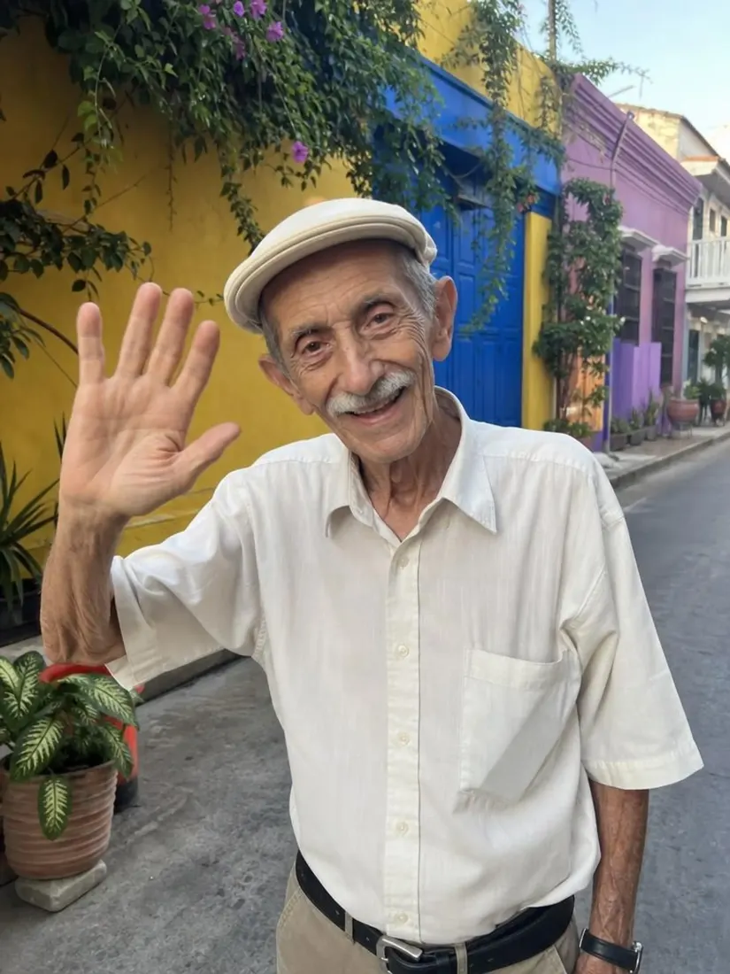 An older man in a white cap and shirt waves on a colorful street, before the Muscle Filter builds his physique.