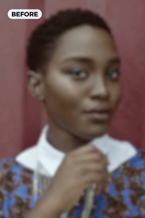 A poster for the Unblur Sharpen tool showing a portrait photograph before or after sharpening.